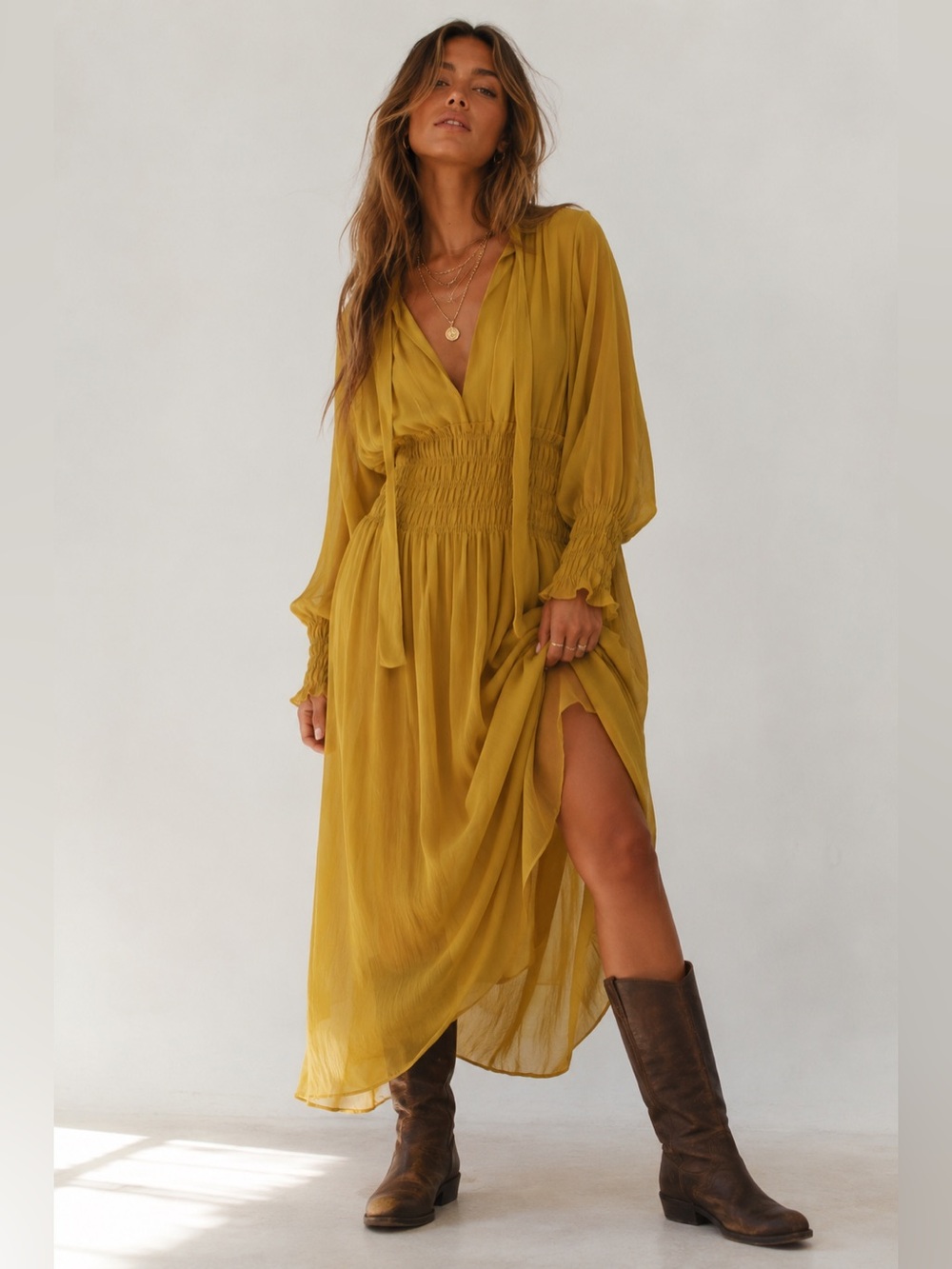 Zara Mustard Yellow Maxi Dress with Smocked Waist